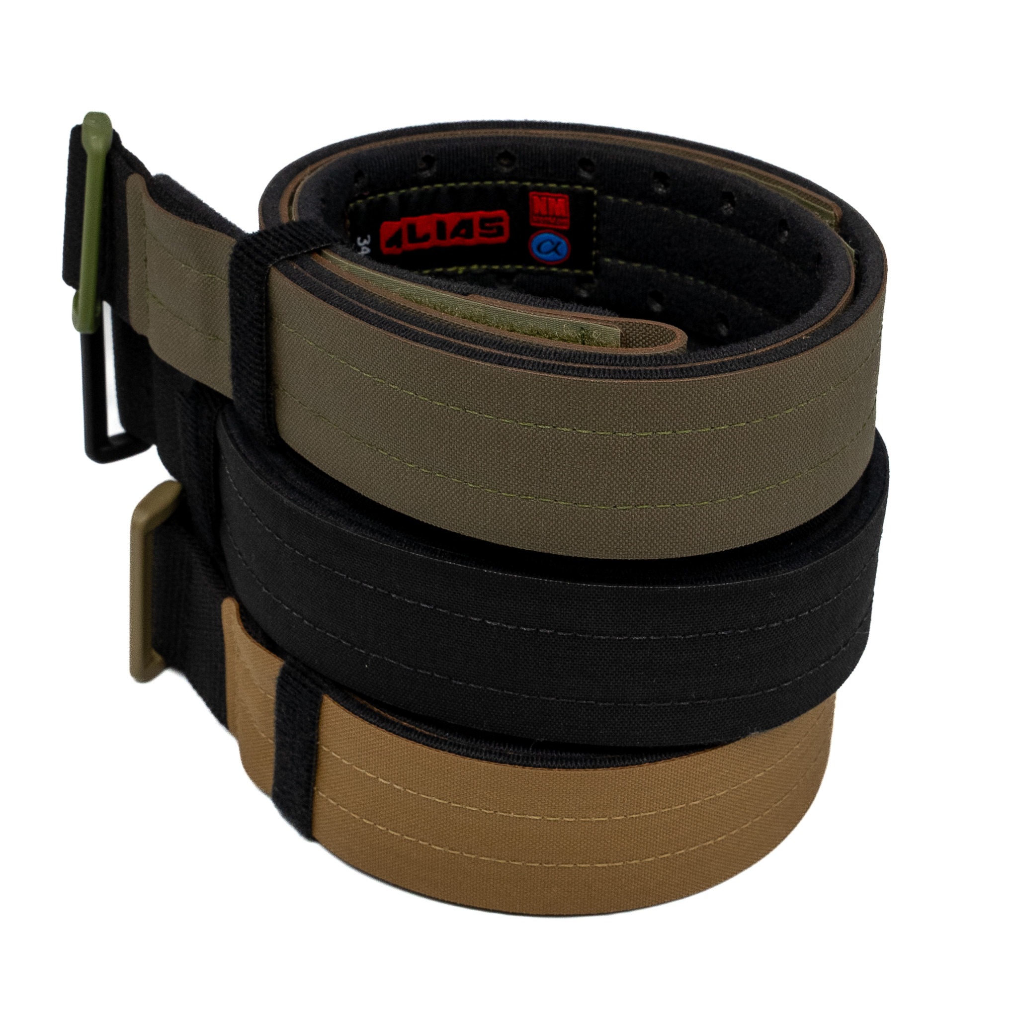 Alias belt shown in three colors: black, coyote and ranger green.